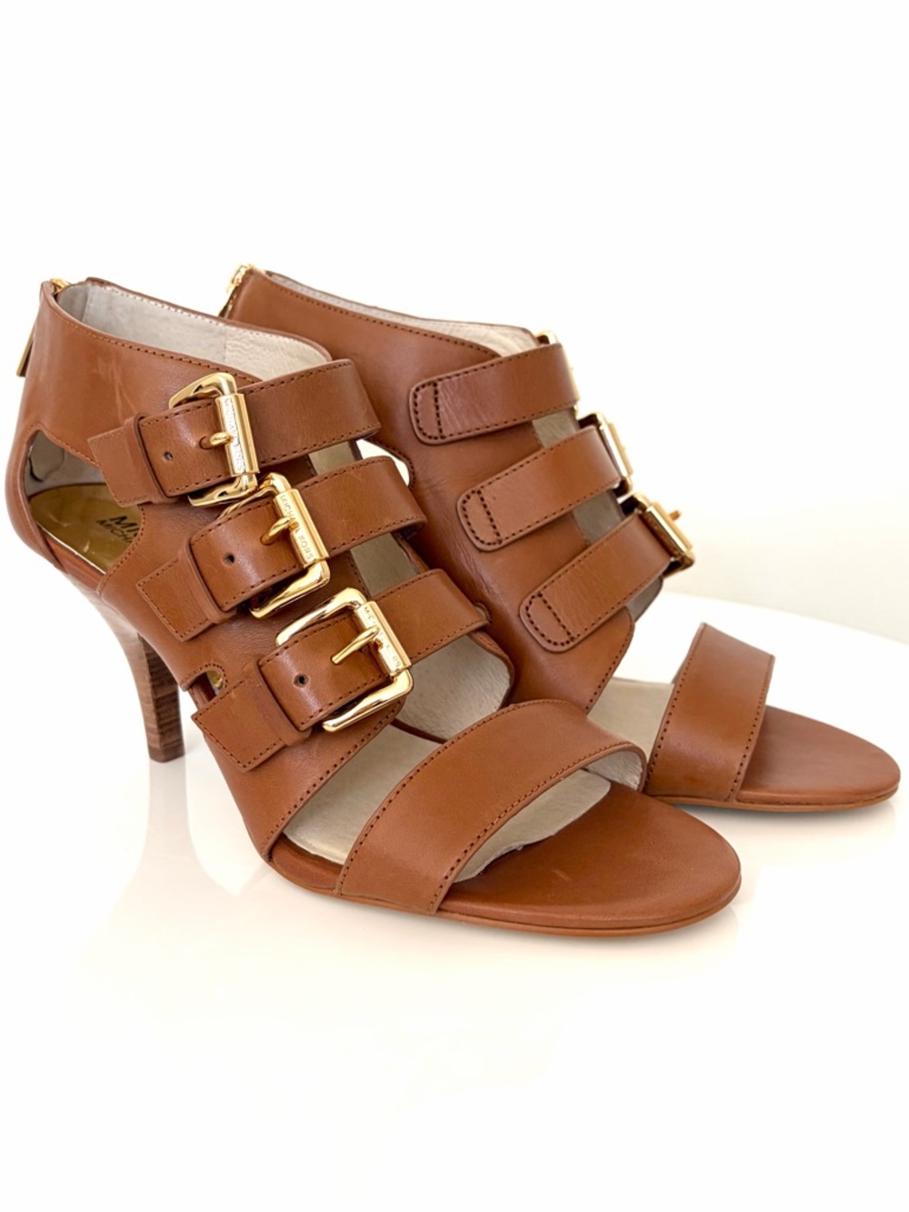 Michael Kors Brown Leather Strappy Heels Gold Buckle Size 7.5